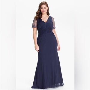 Adrianna Papell Embellished Sleeve Ruched Bodice Mesh Overlay Mermaid Gown Dress